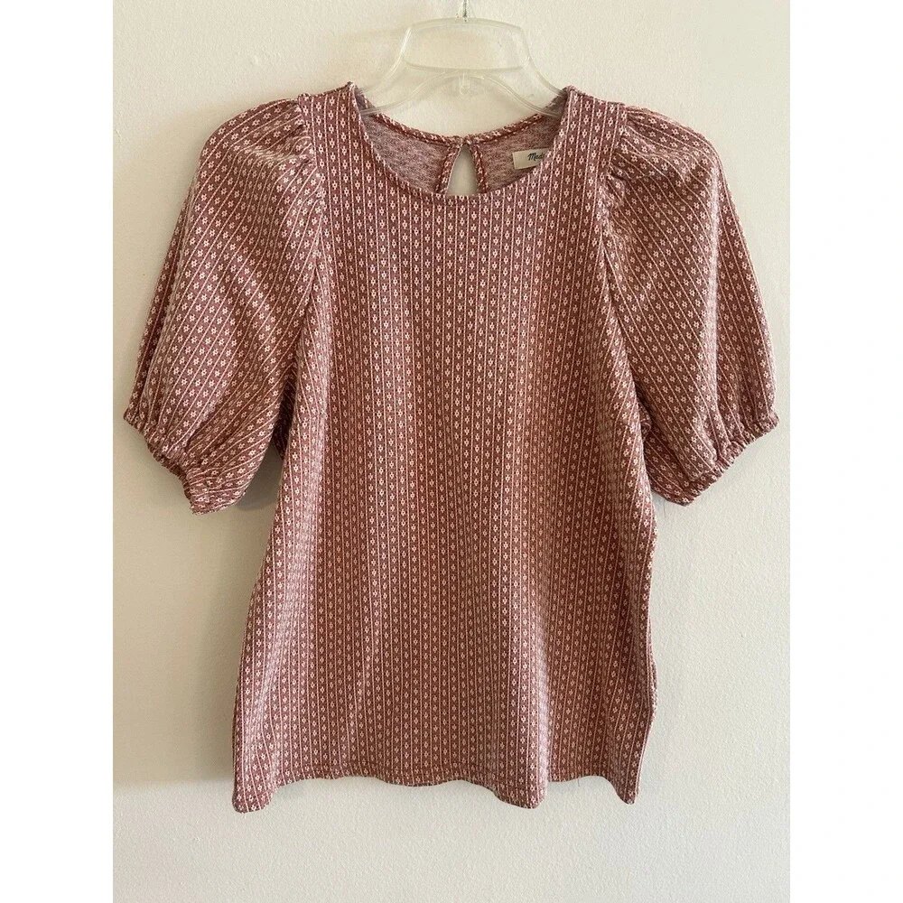 Madewell Floral Jacquard Puff-Sleeve Tee Blouse Afterglow Red Size S